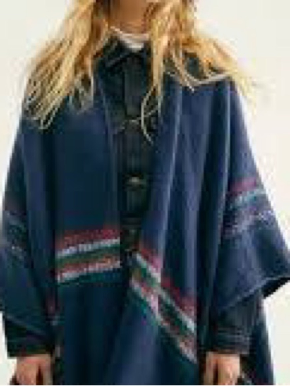 Free People Navy Wren Ruana Poncho Plaid Stripe Fringe Blanket Wrap